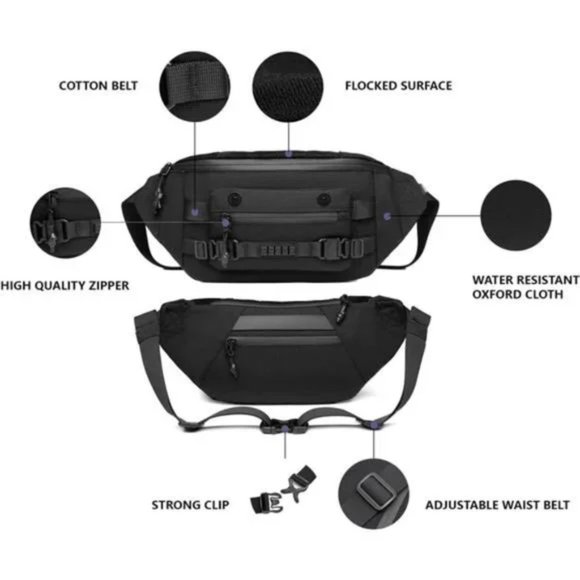 New Waterproof Chest Bag Casual for Walking Hiking Travel Black Large - Picture 2 of 7